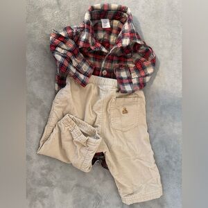 Baby GAP Red Plaid Shirt and Cream Corduroy Pants Set - size 3-6 Months